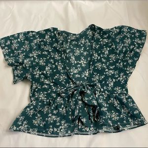 Green floral, tie front shirt